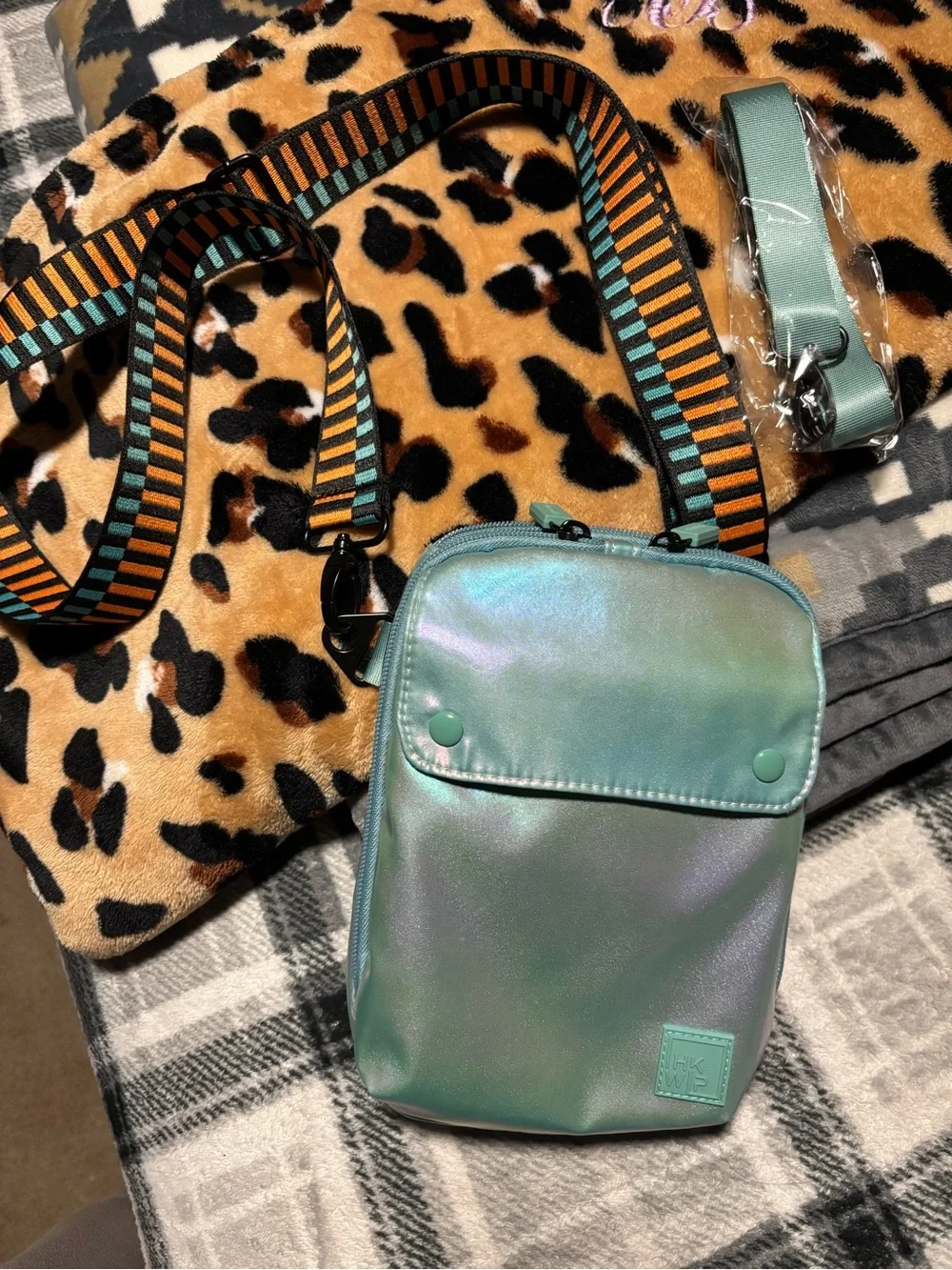 IHKWIP Iridescent Mint Crossbody Bag with Striped Adjustable Strap